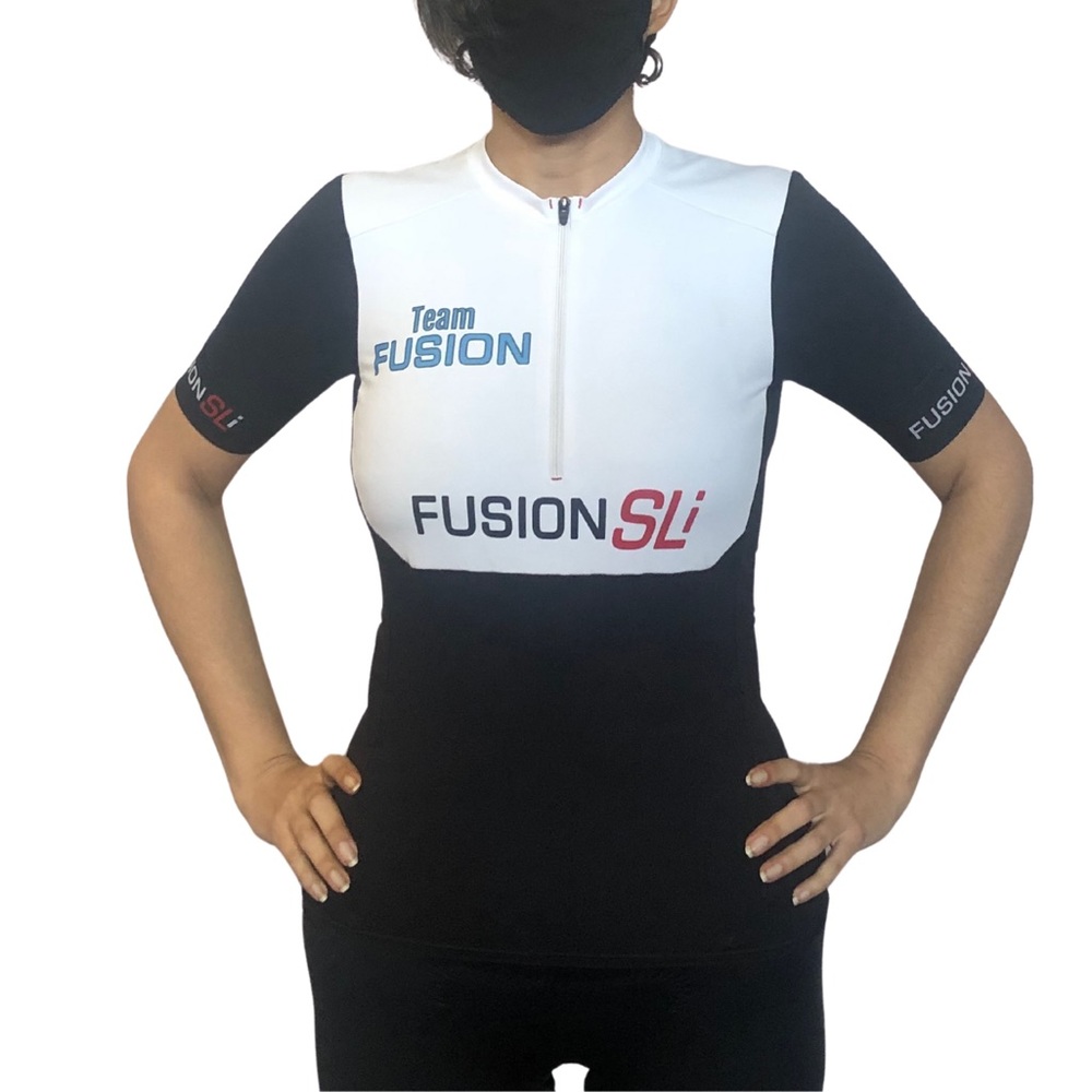 Fusion Cycling Jersey Black White Zip Pocket Polyester Women’s Size M Team Logo